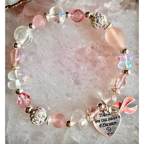New Handmade Pink Beaded Breast Cancer Awareness Bracelet w/ Ribbon Charm - 8” - Picture 1 of 11